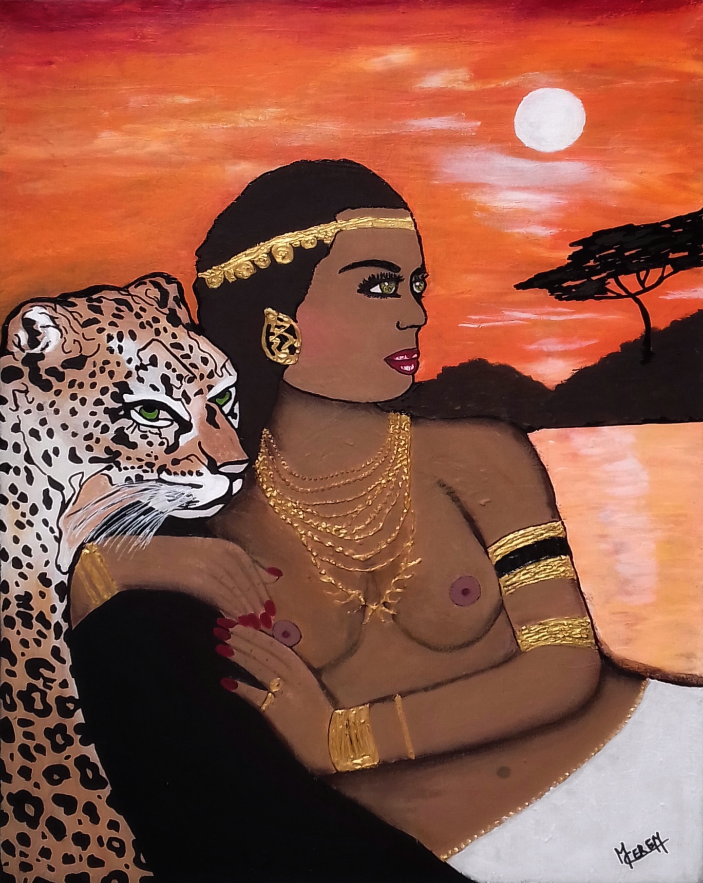 Femme africaine avec leopard