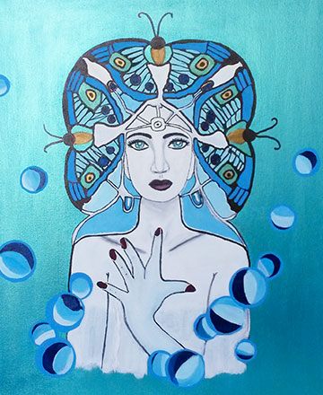 Portrait de femme avec des papillons bleus cover