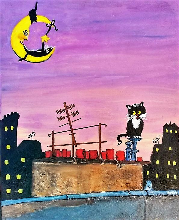 Peinture enfant de chat noir sur les toits