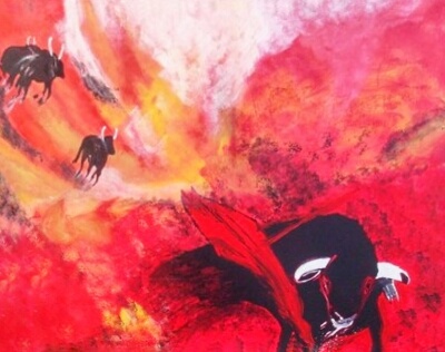 Peinture rouge de taureaux par Mireille Cerea