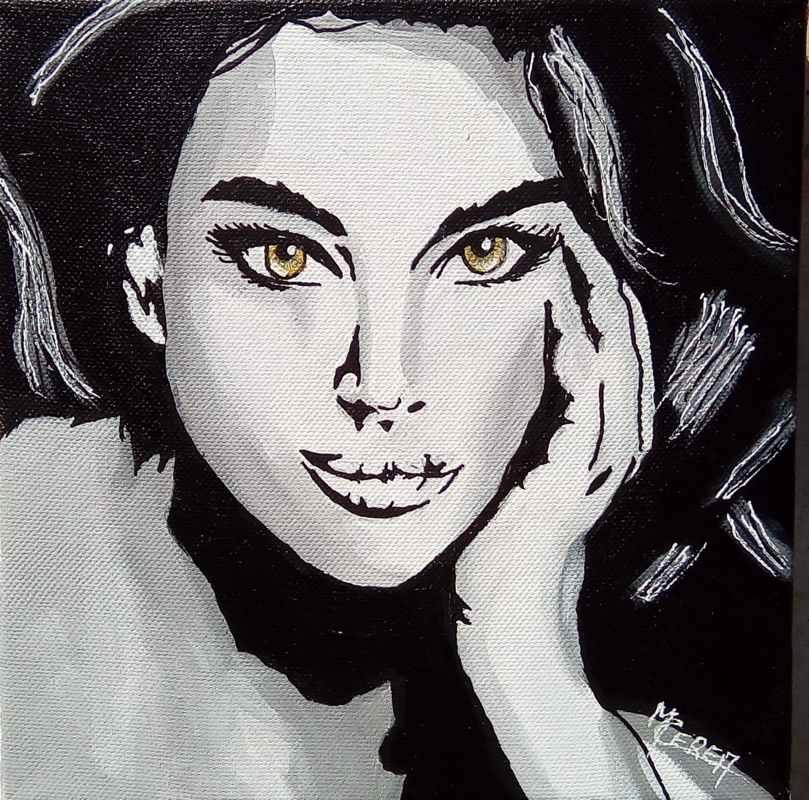 Peinture de Mireille Cerea portrait de femme noir et blanc
