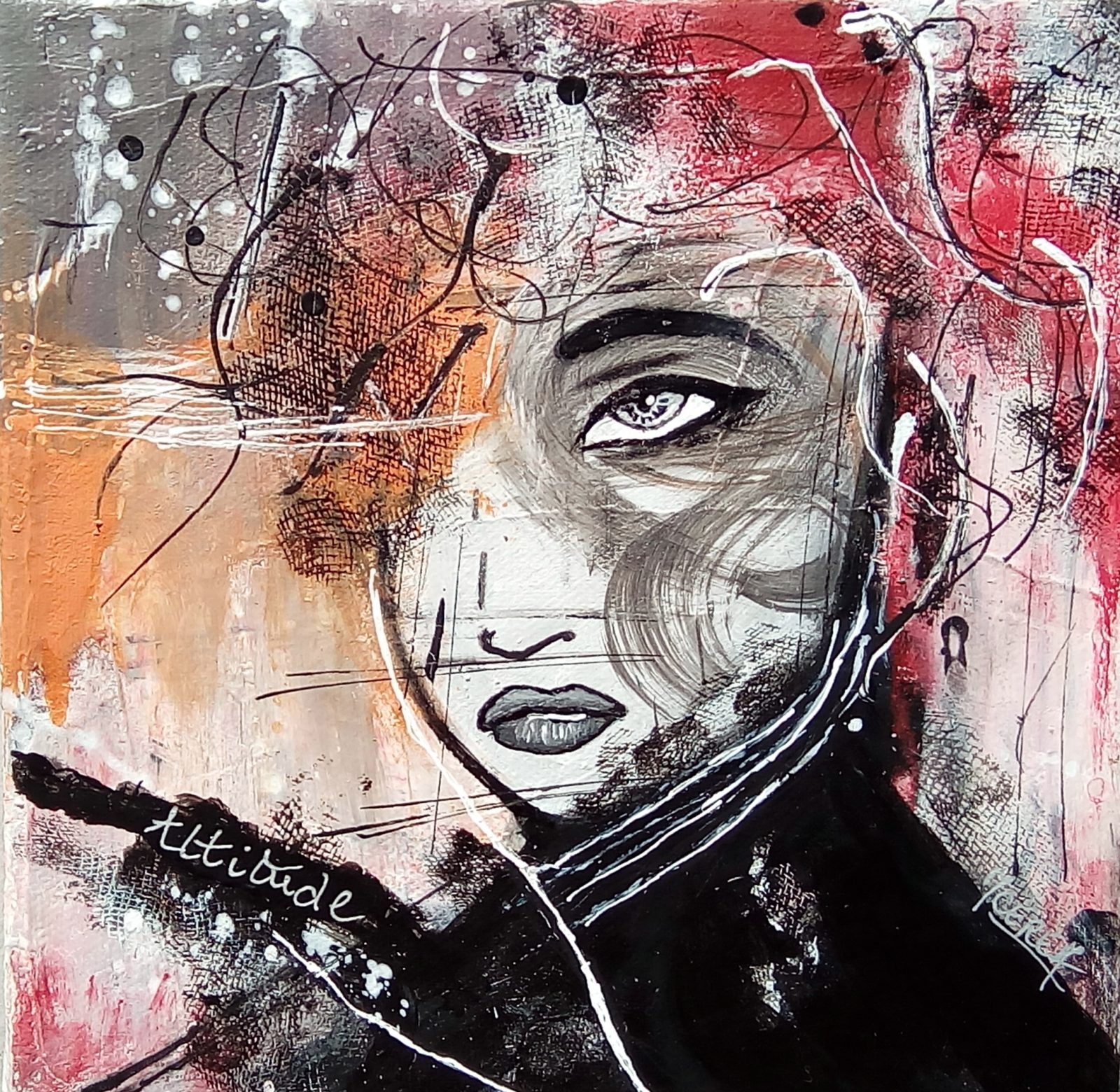 Portrait peinture par Mireille Cerea femme rouge orange et noir