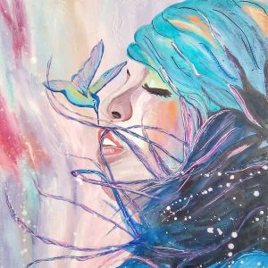 Peinture portrait de femme arc en ciel colibri par Mireille Cerea