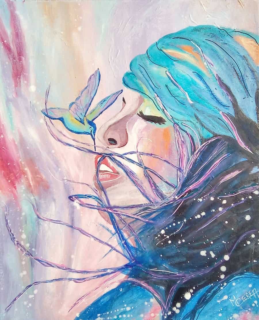 Peinture portrait de femme arc en ciel colibri par Mireille Cerea